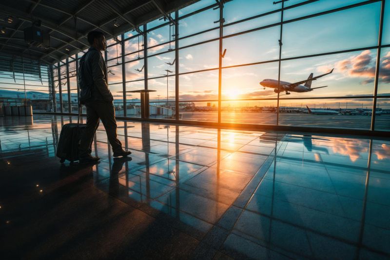 Voyageur avec sa valise dans un terminal d’aéroport, un avion au décollage derrière la baie vitrée