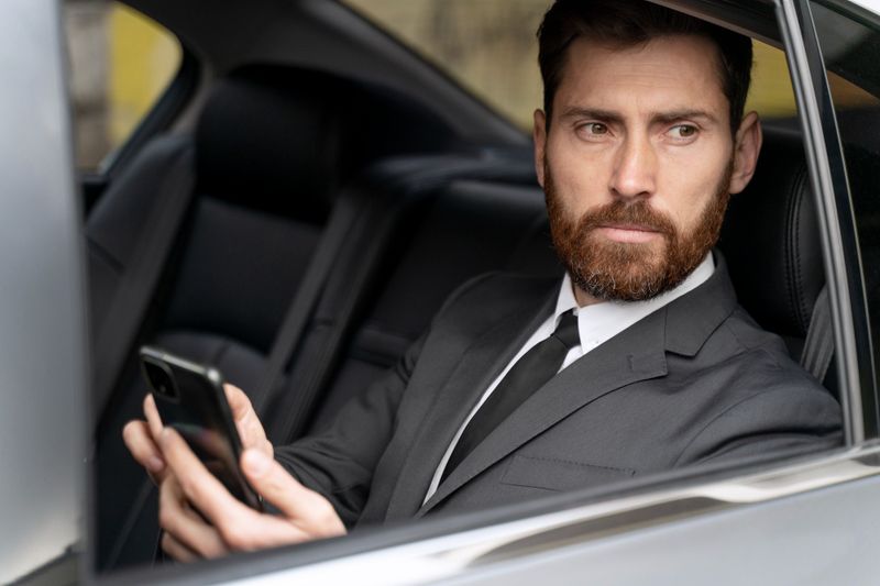 Passager en costume à l’arrière d’une berline, téléphone à la main